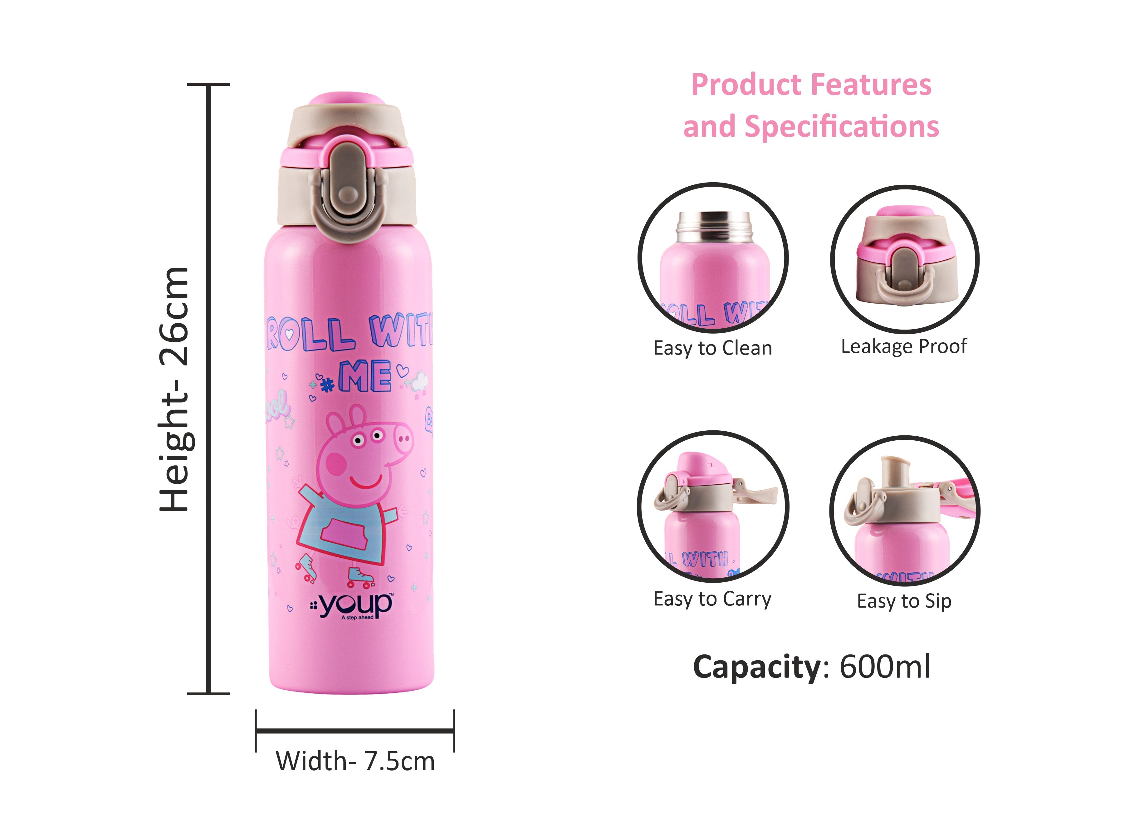 Stainless Steel Peppa Pig Kids Water Bottle Lyra - 600 Ml
