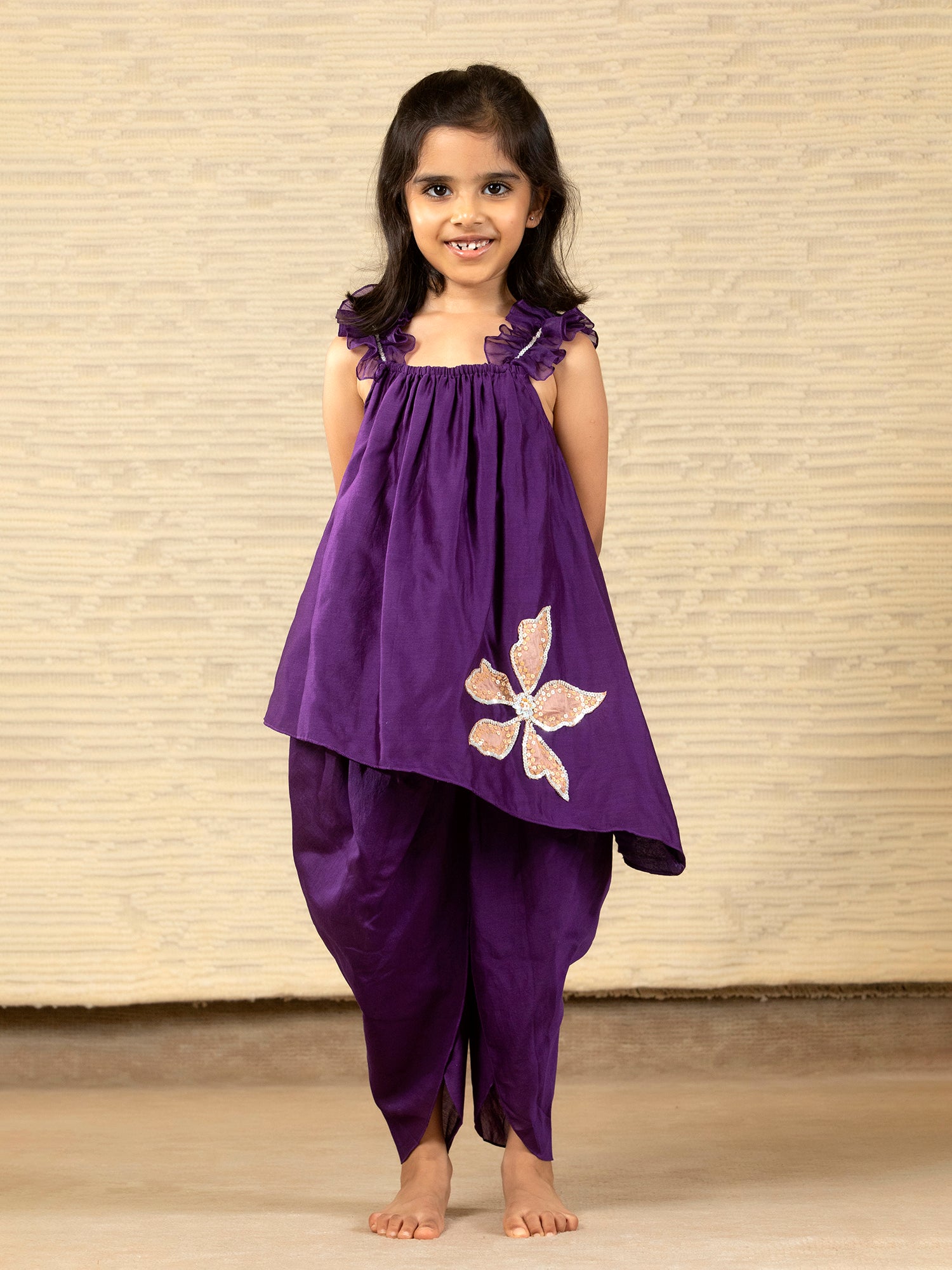 Purple Designer Chanderi Ethnic Top with Dhoti for Girls