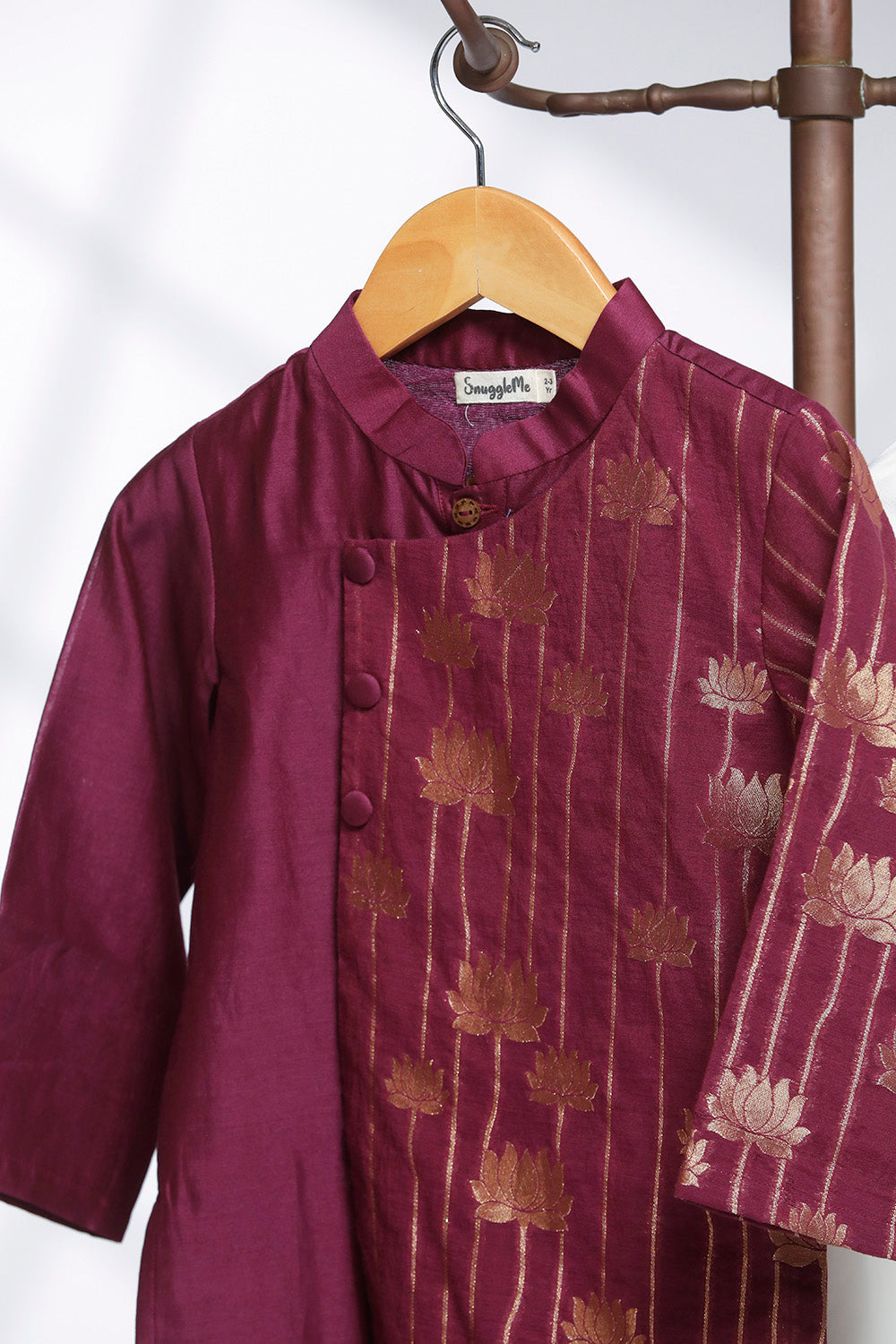 Lotus Zari Front Open Kurta Set- Wine