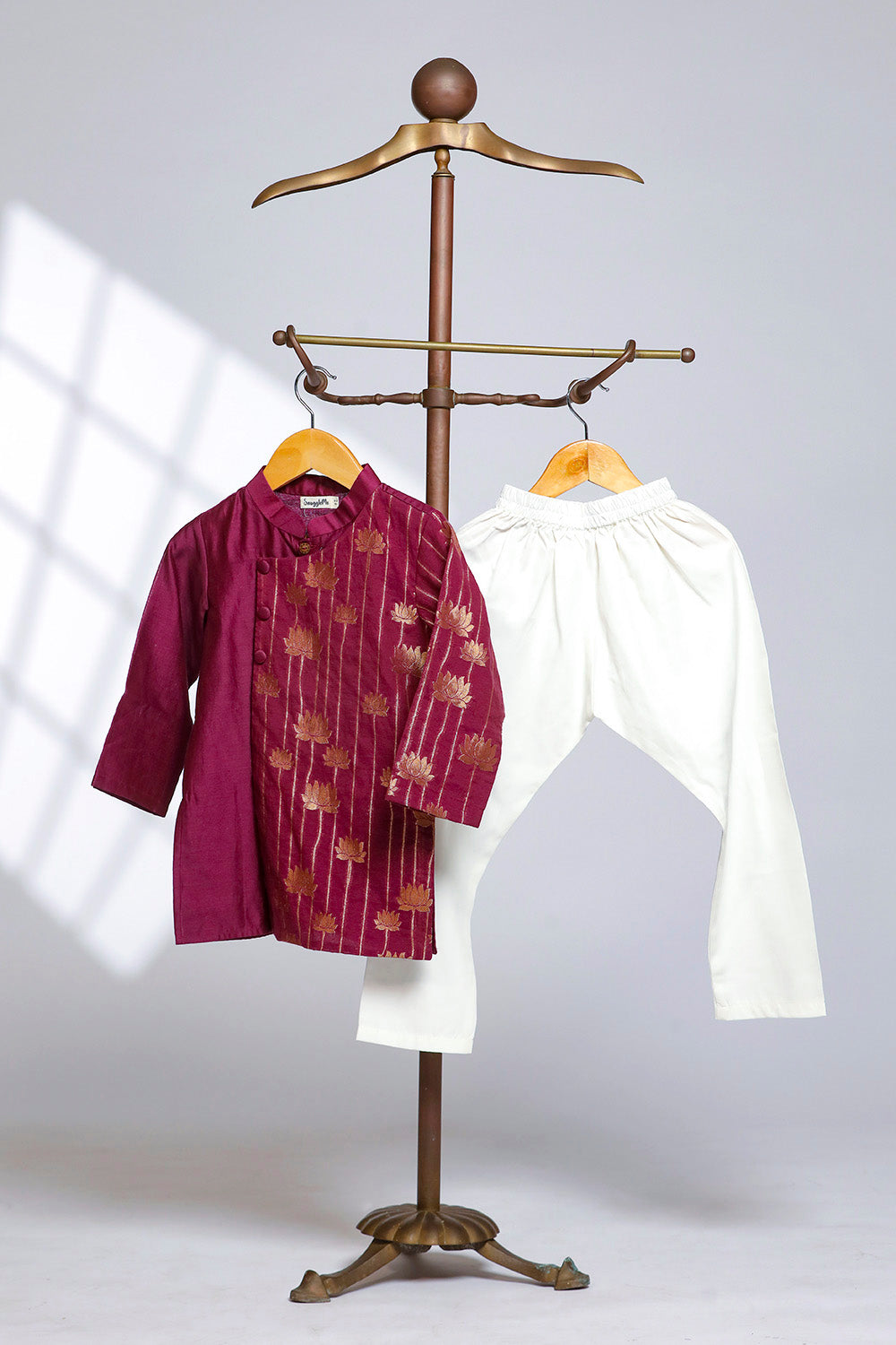 Lotus Zari Front Open Kurta Set- Wine