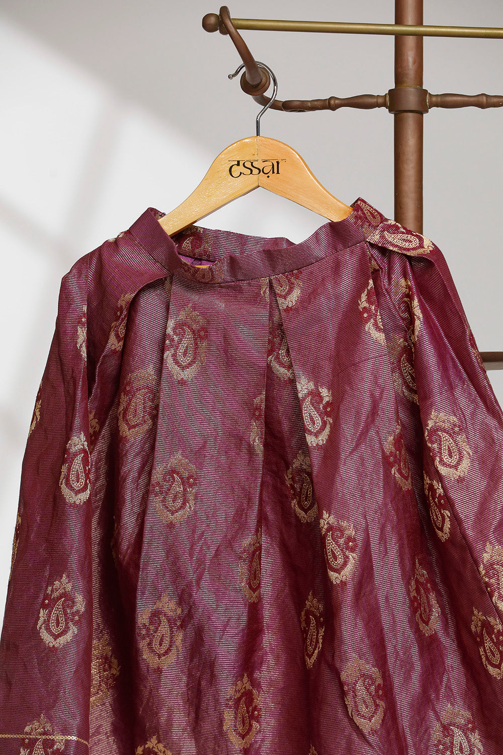 Petal Backless Blouse with Box Pleat Lehenga - Purple