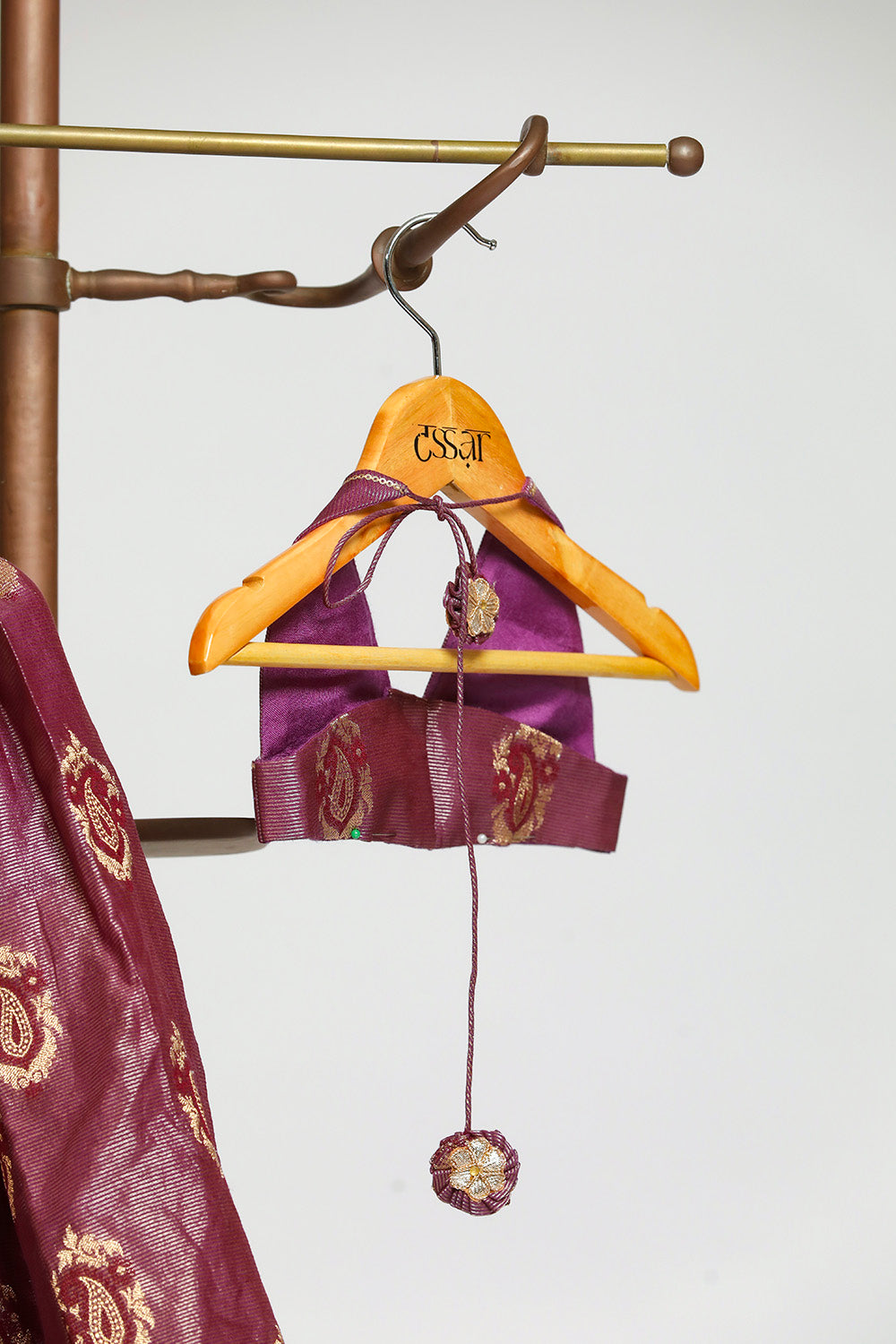 Petal Backless Blouse with Box Pleat Lehenga - Purple