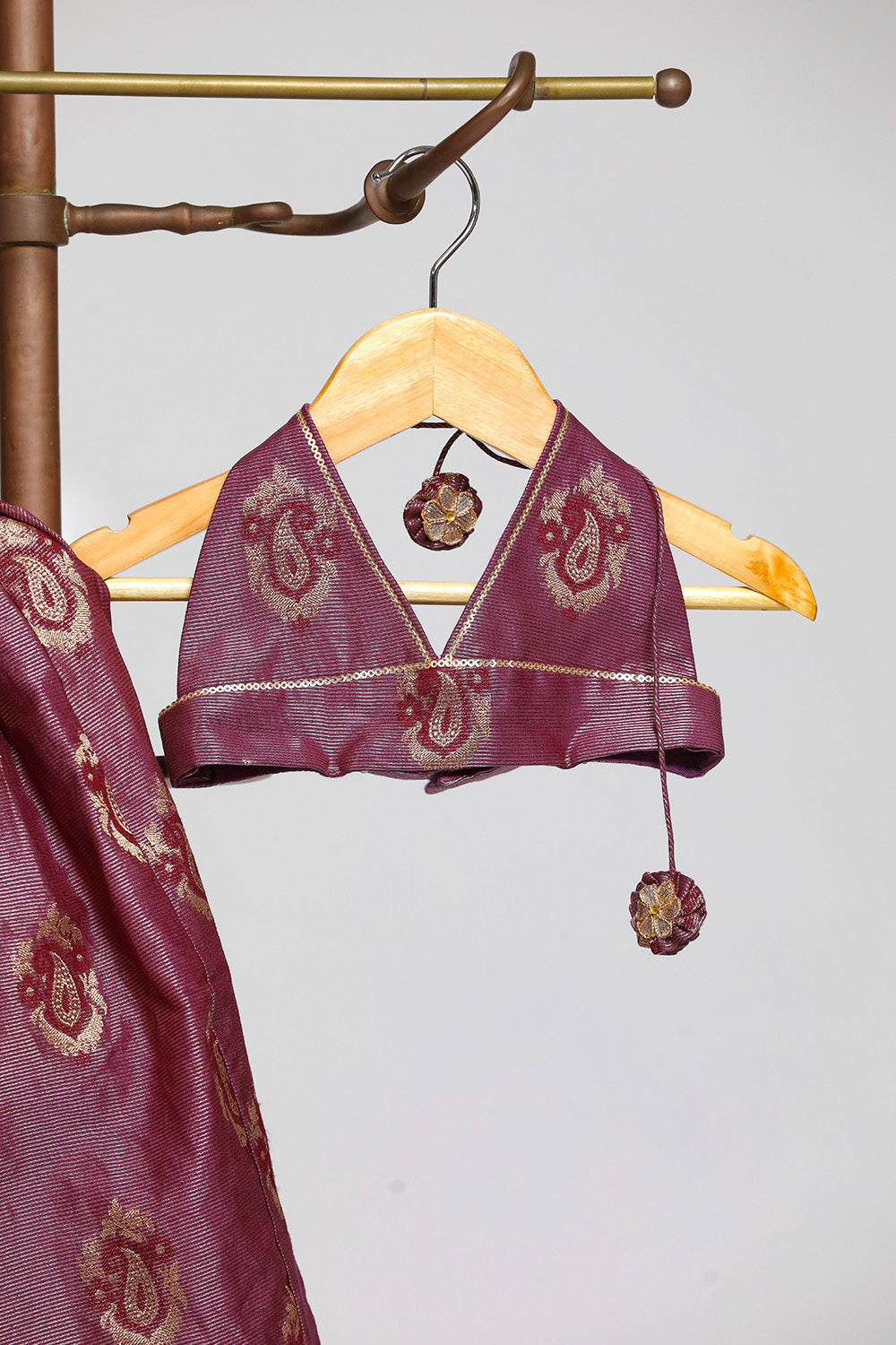 Petal Backless Blouse with Box Pleat Lehenga - Purple