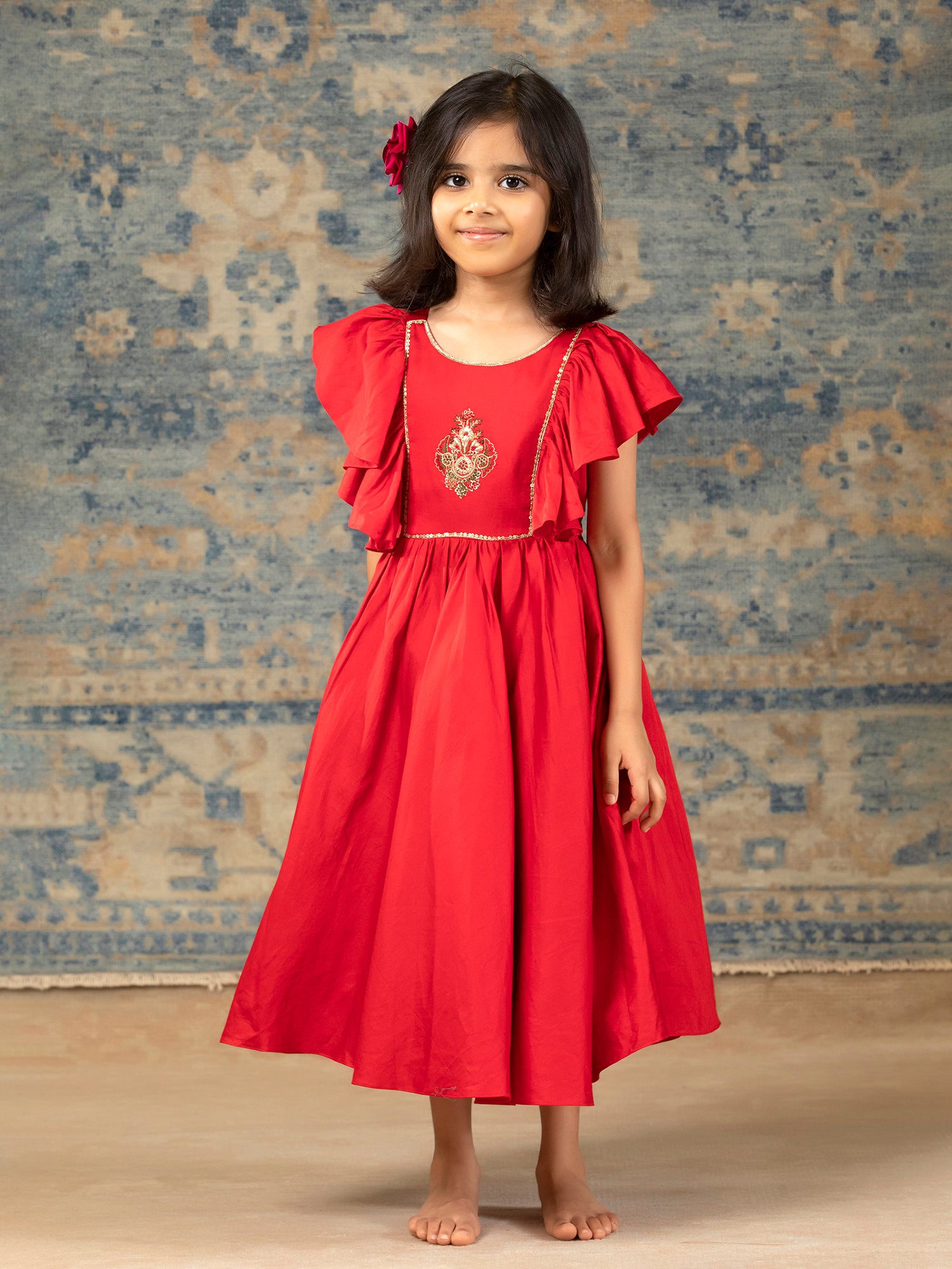 Red Glaze Cotton Gown with Embroidery yolk - Girls