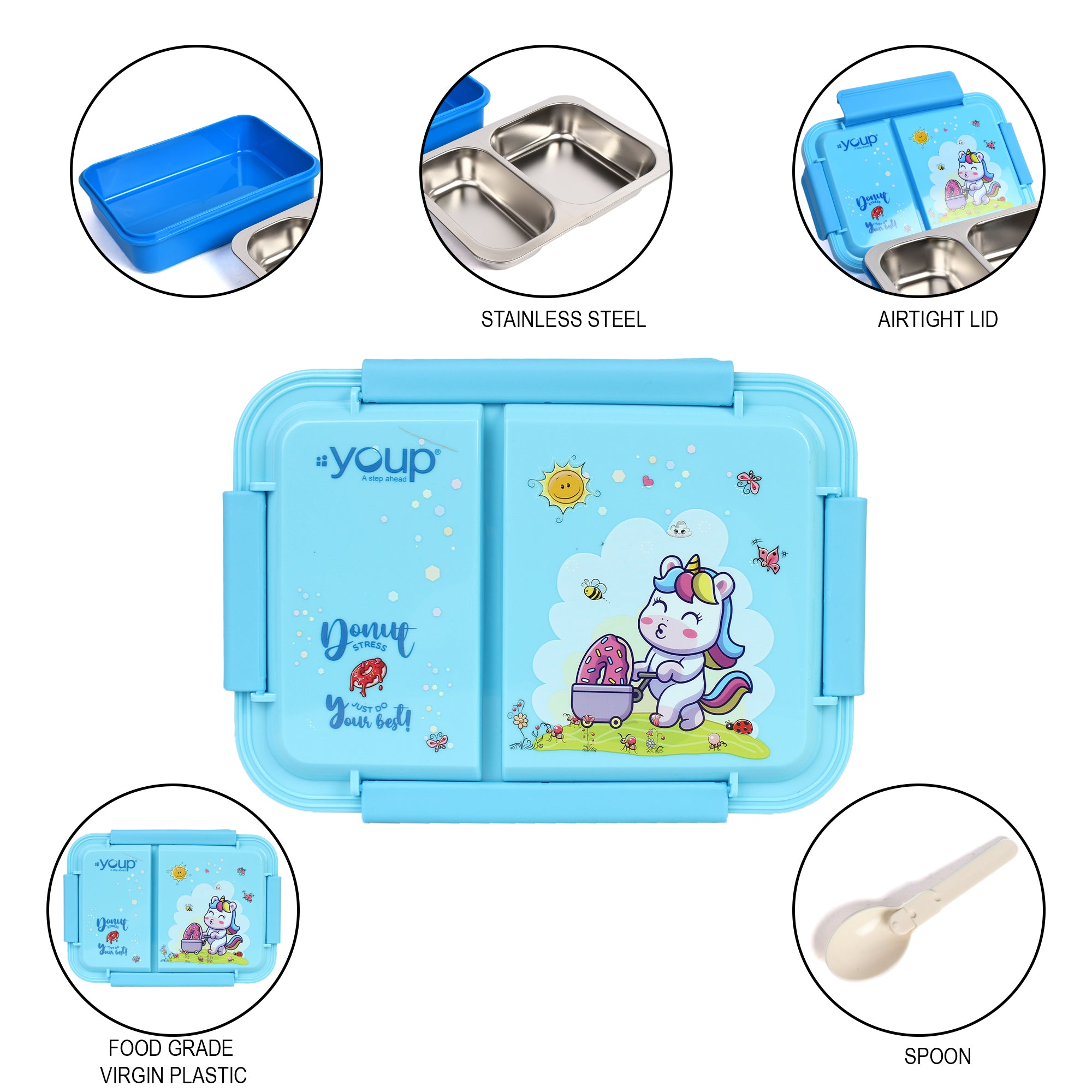 Stainless Steel Unicorn Theme Kids Bento Lunch Box With 2 Compartments Picnic-750 Ml