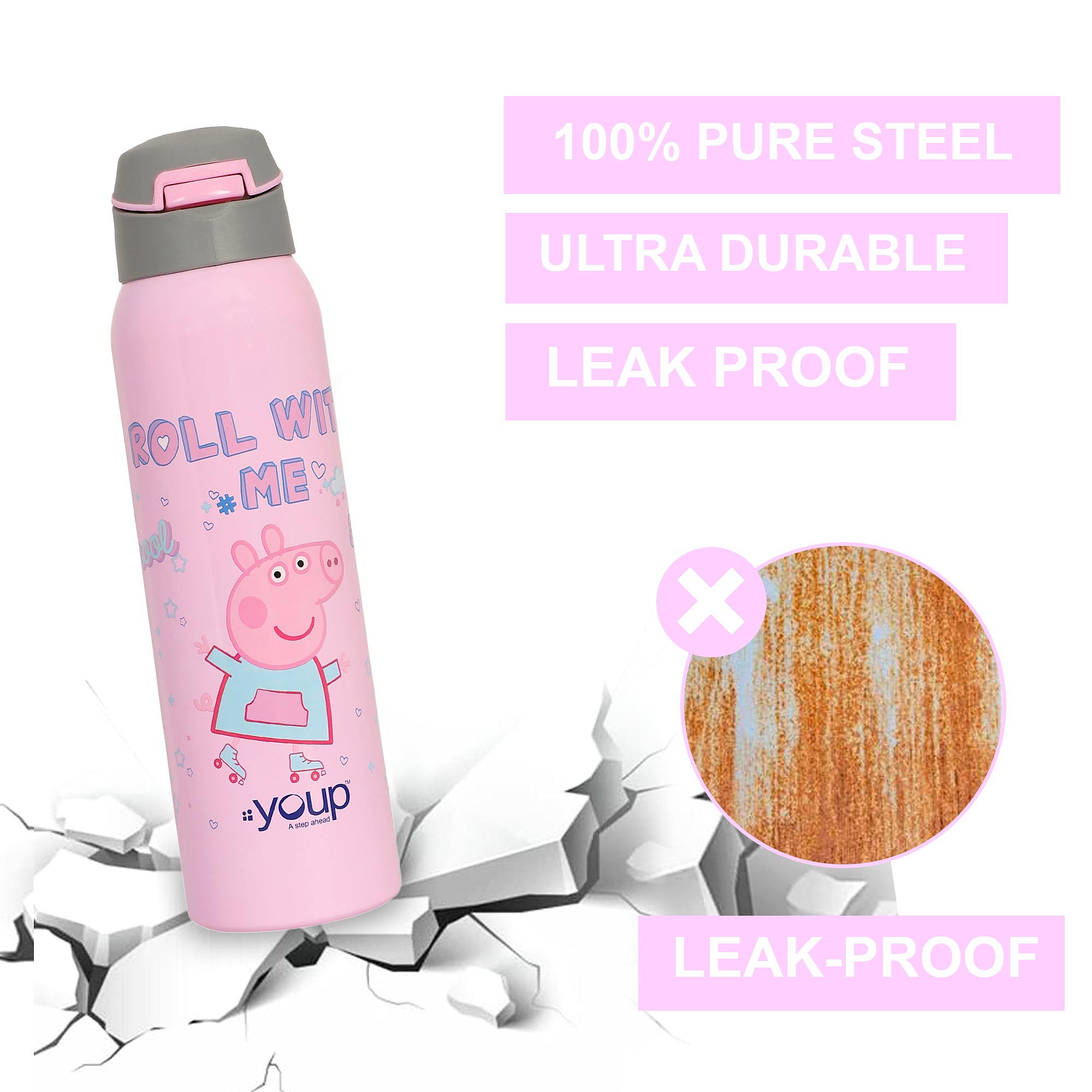 Stainless Steel Peppa Pig Theme Kids Insulated Sipper Bottle Googlie- 500 Ml