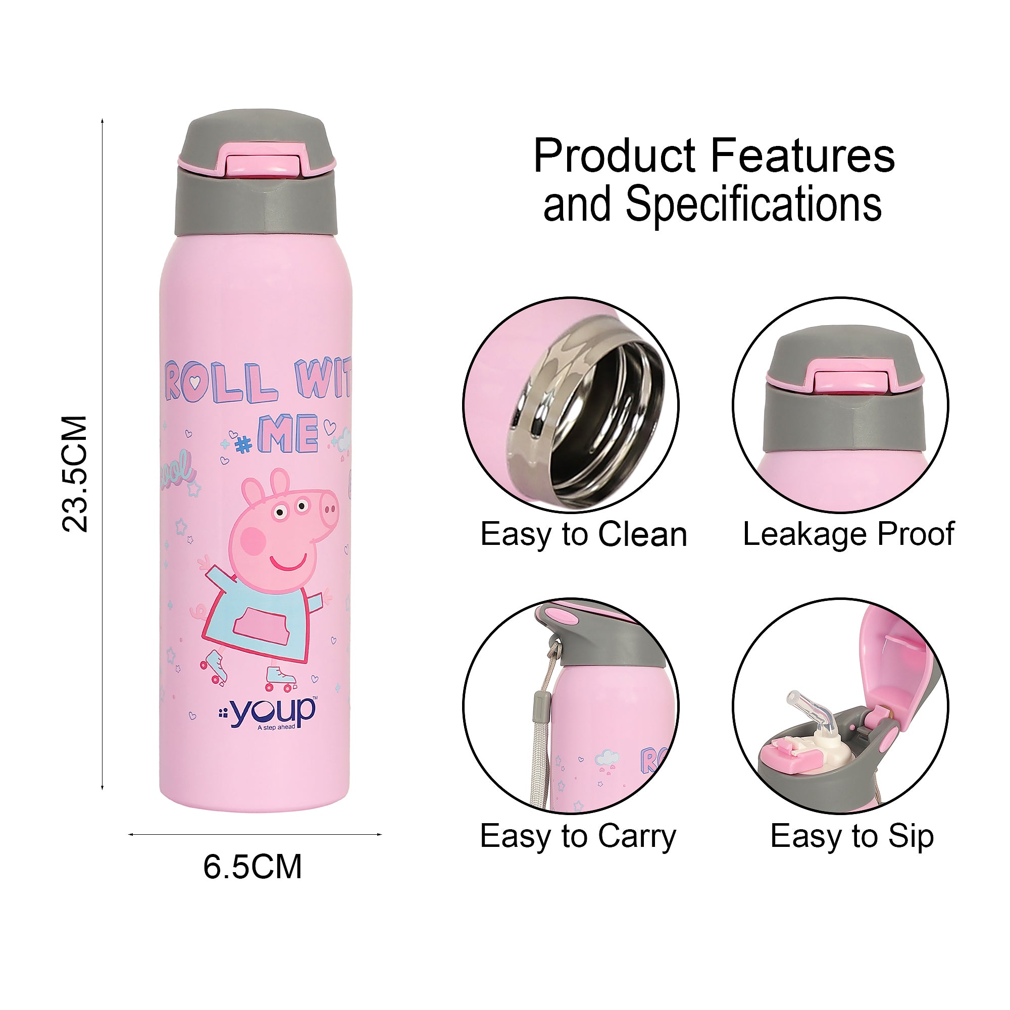 Stainless Steel Peppa Pig Theme Kids Insulated Sipper Bottle Googlie- 500 Ml