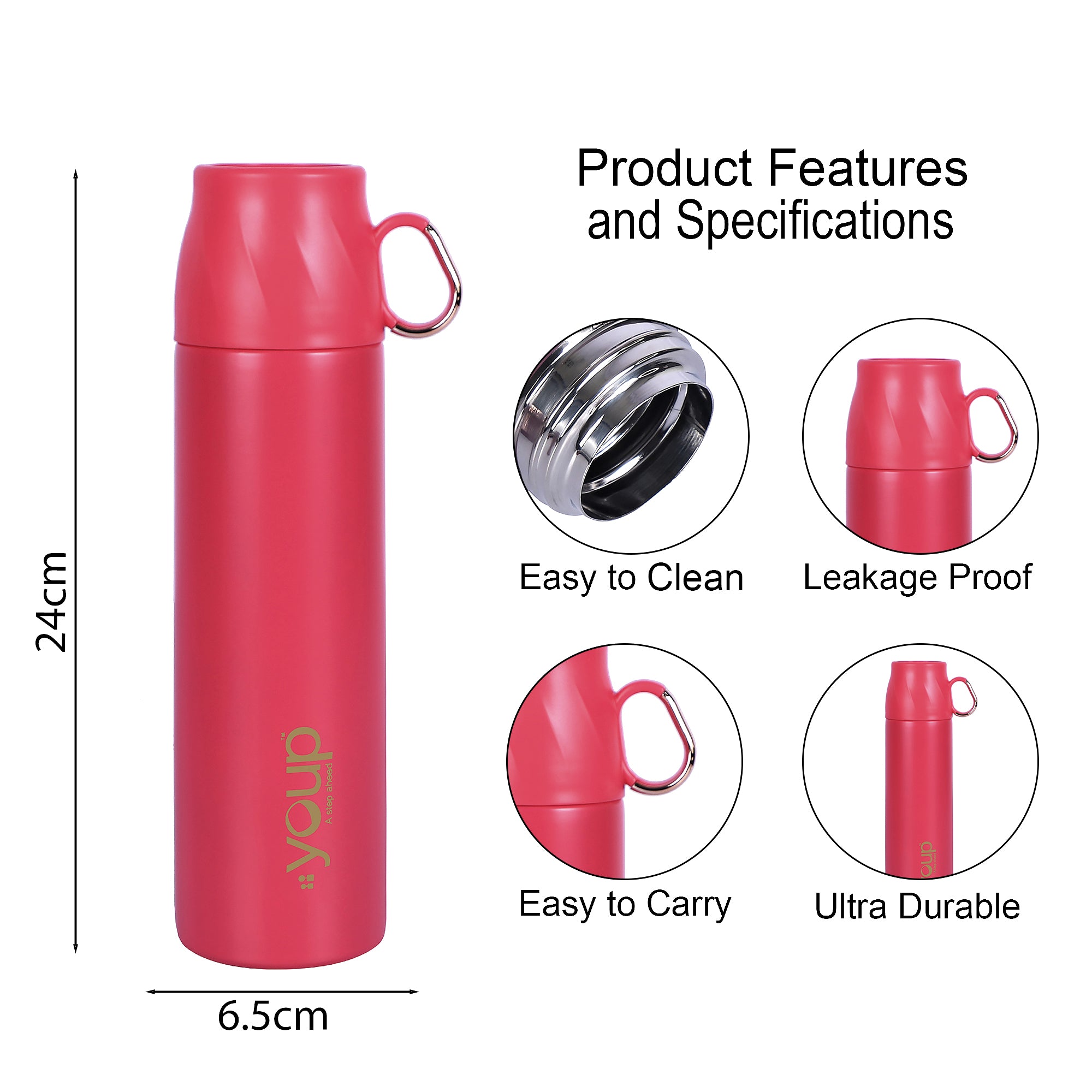 Thermosteel Insulated Water Bottle With Handle Containing Cup Cap Rover - 500 Ml
