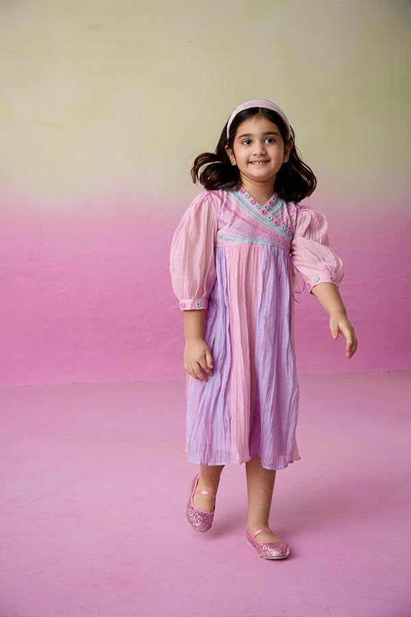 Breezy Blossom- Orchid Pink Lavender Hand Embroidered Gathered Dress for Girls - Totdot