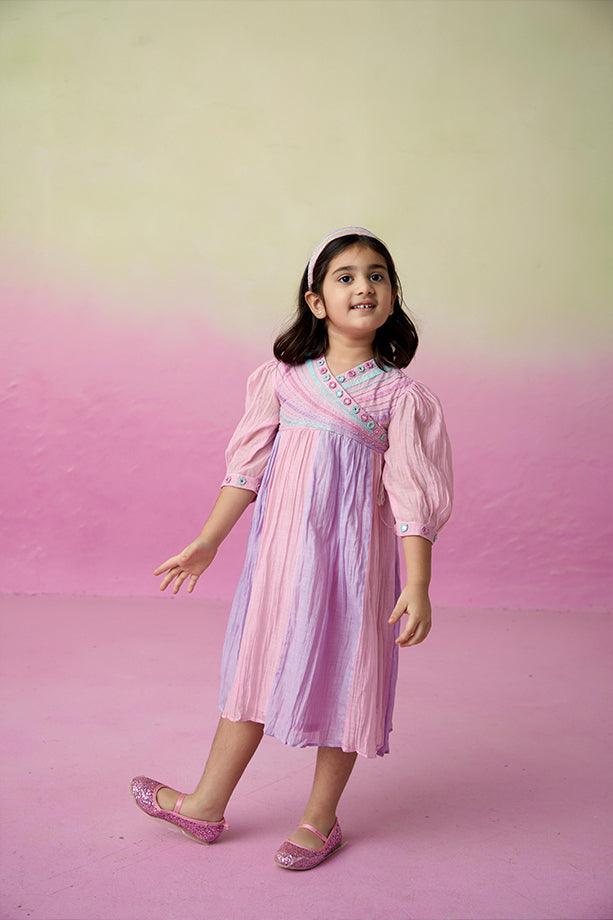 Breezy Blossom- Orchid Pink Lavender Hand Embroidered Gathered Dress for Girls - Totdot