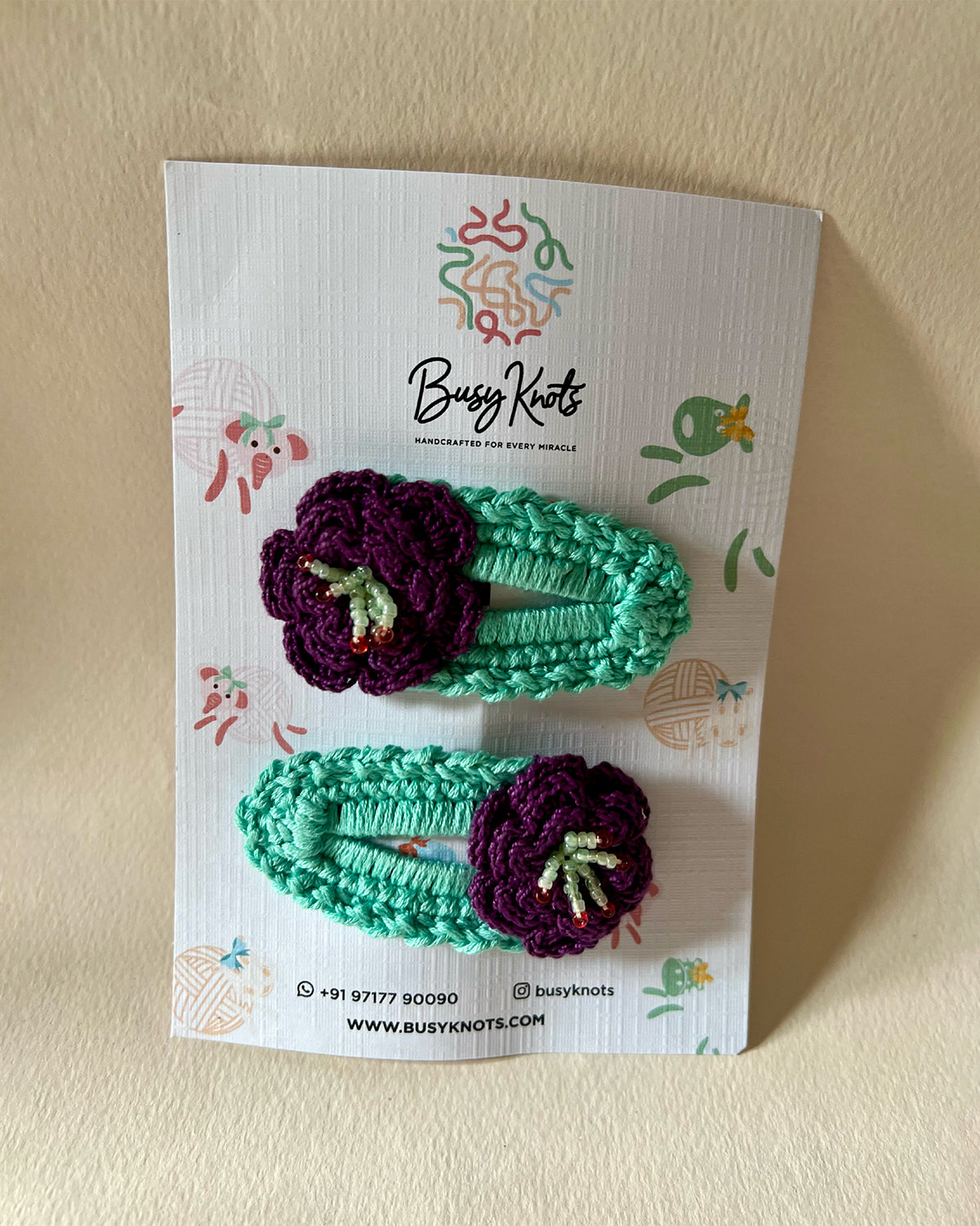 Handmade Crochet Floral Clips Sea Green/Purple