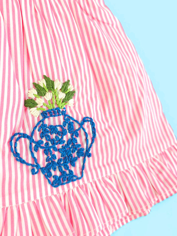 Pink - Organic Cotton Flower Pot Embroidered Girls Striped Jabla / Dress