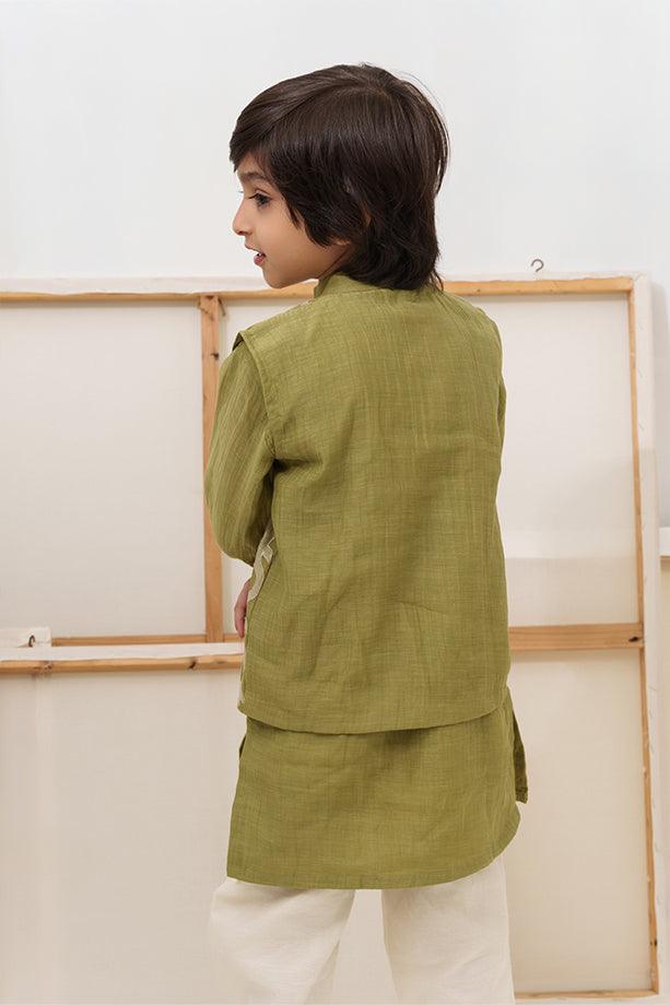 Cocomelon- Green Chanderi Silk Embroidered Collared Jacket with Kurta & Pyjama Set for Boys - Totdot
