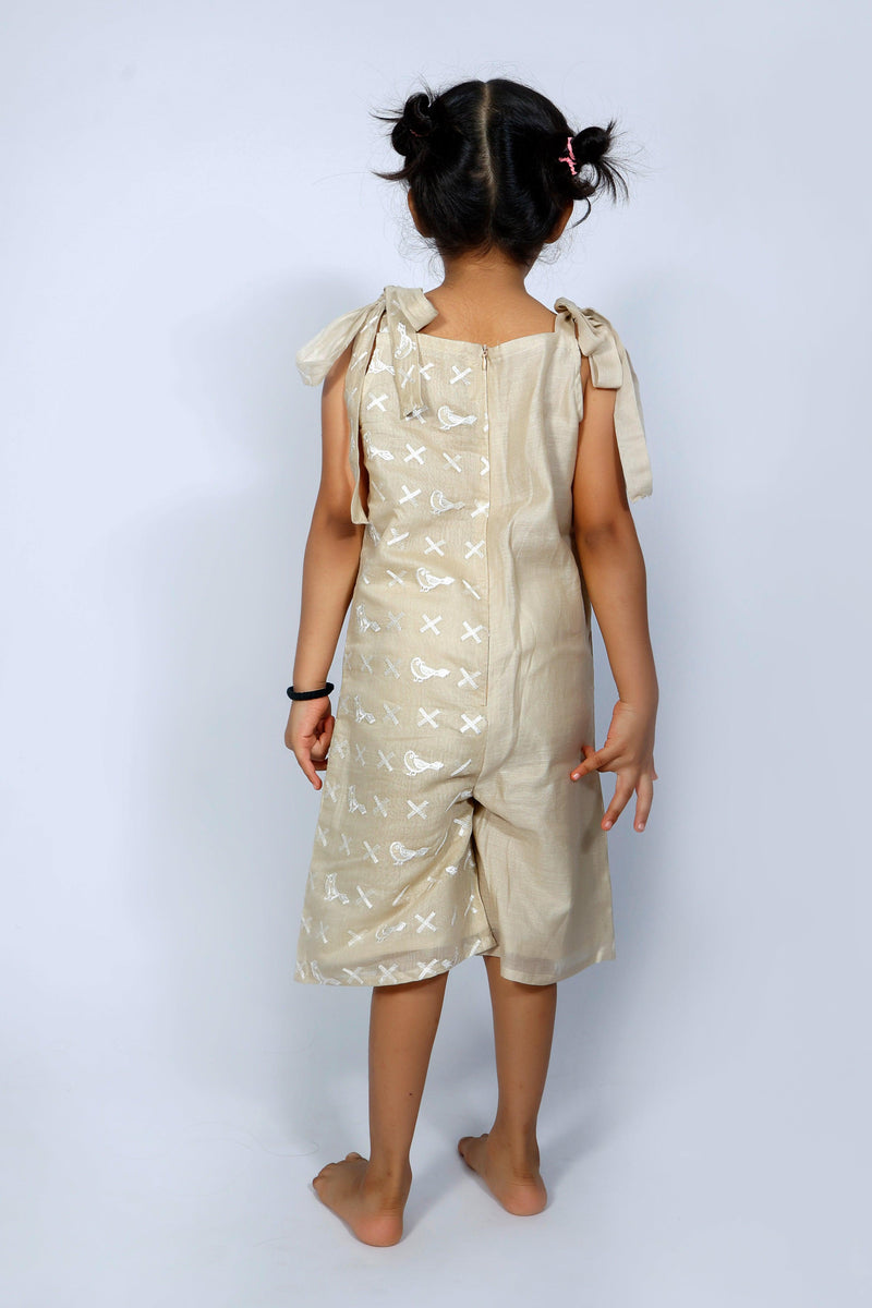 Designer Chanderi JumpSuit with Embroidered for Girls - Beige - Totdot