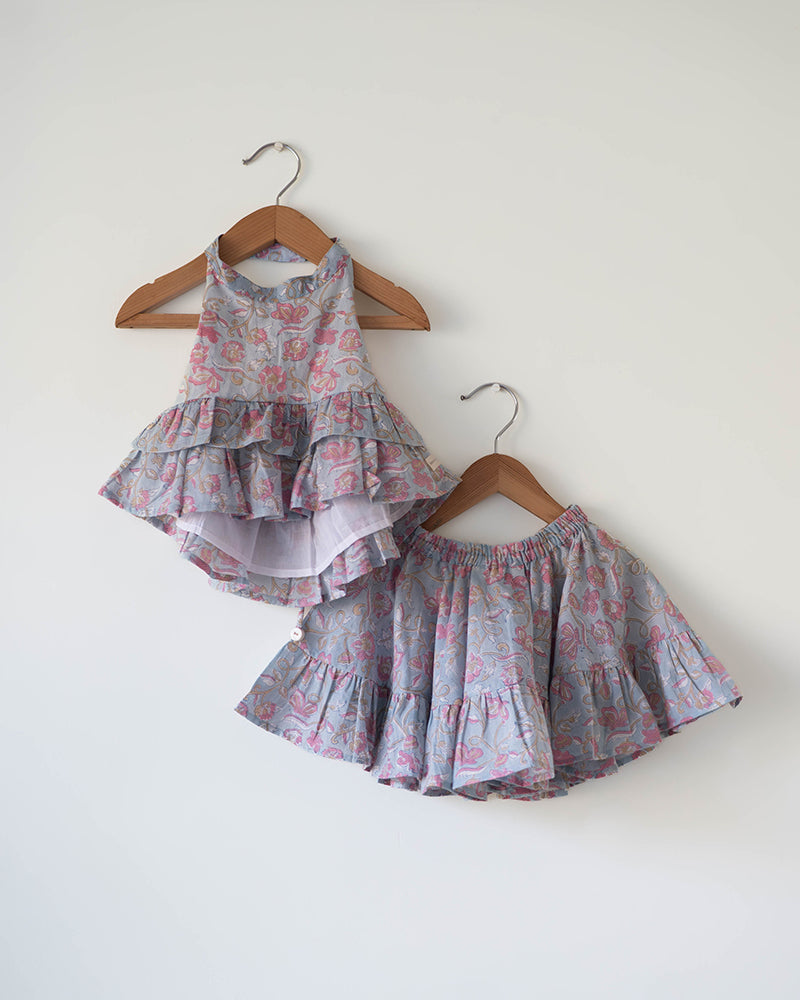 Flutter sky blue butterfly halter top skirt co-ord - Totdot