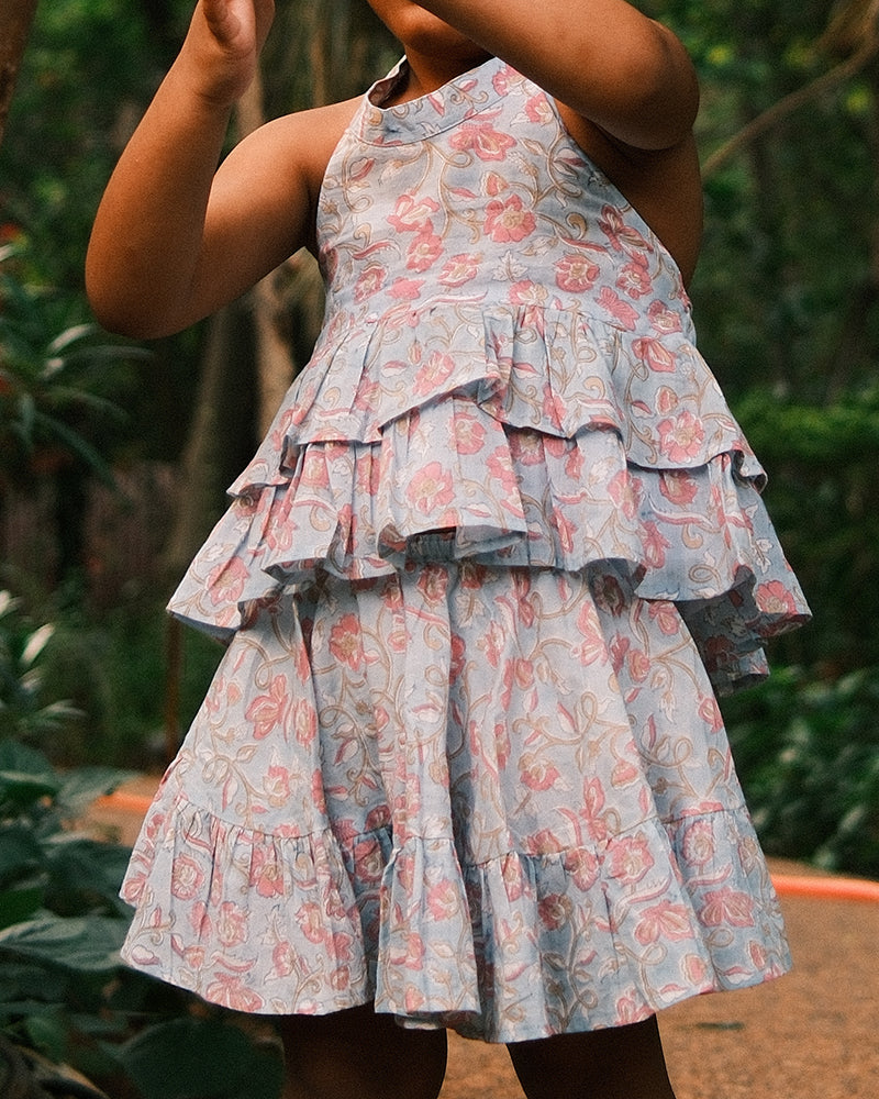 Flutter sky blue butterfly halter top skirt co-ord - Totdot