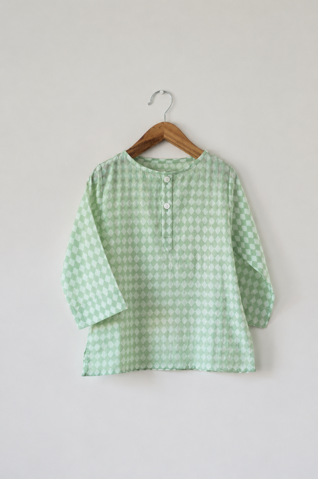 Sleepover party kids unisex kurta in sage green rhombus - Totdot