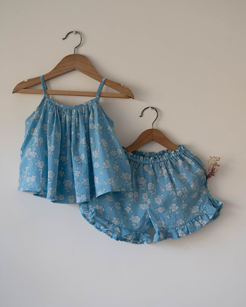 Blossom powder blue spaghetti top shorts set - Totdot