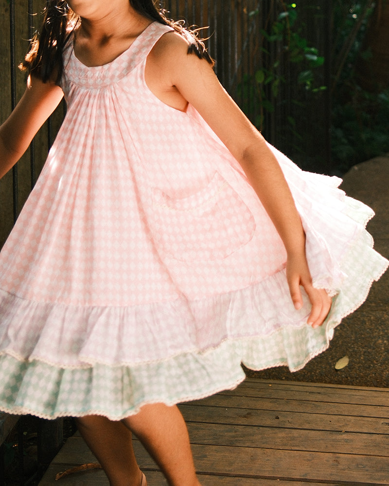Pocketful of Sunsets dress in rhombus block print - Totdot