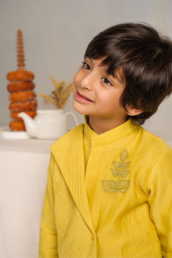 Frere Jacques- Yellow Chanderi Silk Hand Embroidered Asymmetrical Kurta with White Pants Set for Boys - Totdot