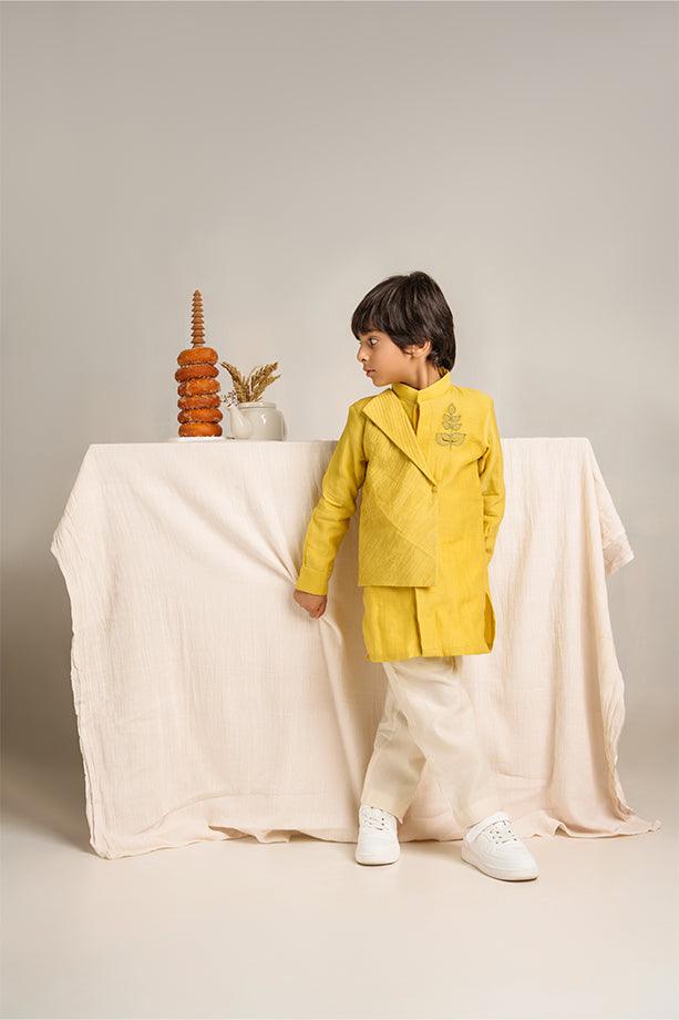Frere Jacques- Yellow Chanderi Silk Hand Embroidered Asymmetrical Kurta with White Pants Set for Boys - Totdot