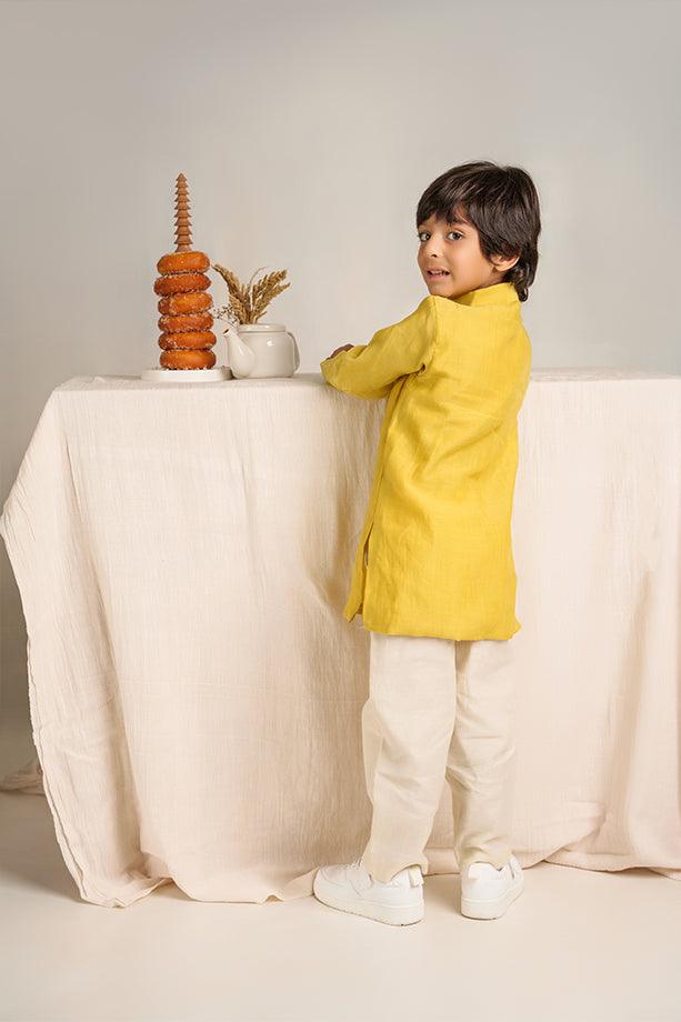 Frere Jacques- Yellow Chanderi Silk Hand Embroidered Asymmetrical Kurta with White Pants Set for Boys - Totdot