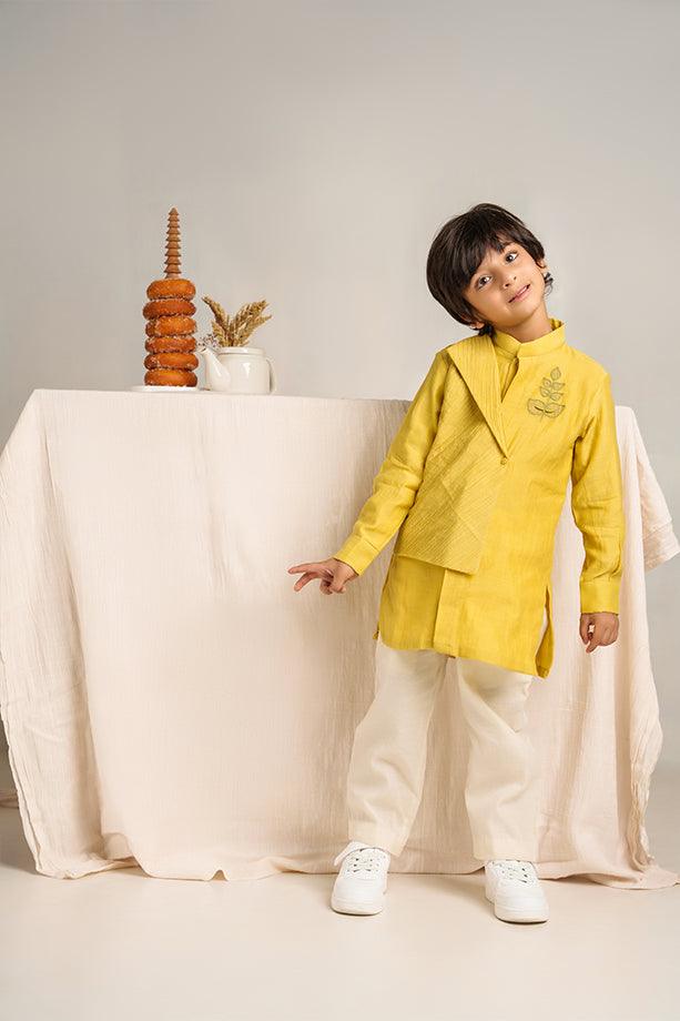 Frere Jacques- Yellow Chanderi Silk Hand Embroidered Asymmetrical Kurta with White Pants Set for Boys - Totdot