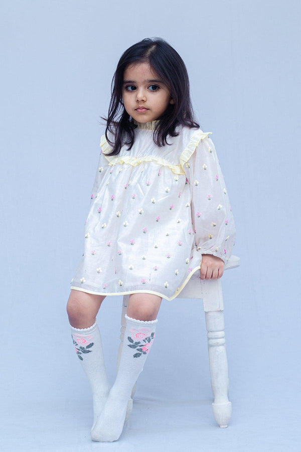 Girls Full Sleeves Embroidery Party Dress - Offwhite - Totdot