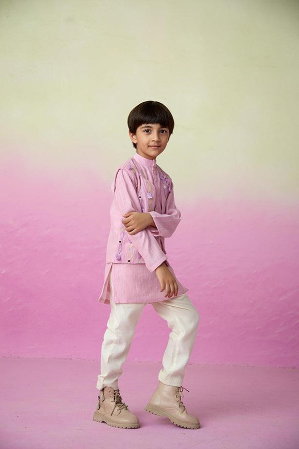 Little Explorer- Orchid Pink Hand Embroidered Kurta Jacket & Pants Set for Boys - Totdot