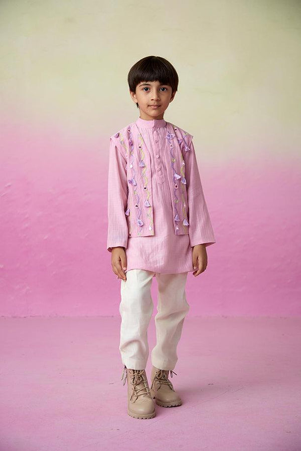 Little Explorer- Orchid Pink Hand Embroidered Kurta Jacket & Pants Set for Boys - Totdot
