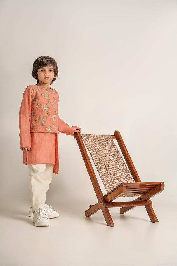 Little Muffin- Peach Chanderi Silk Hand Embroidered Asymmetrical Kurta & White Pants Set for Boys - Totdot