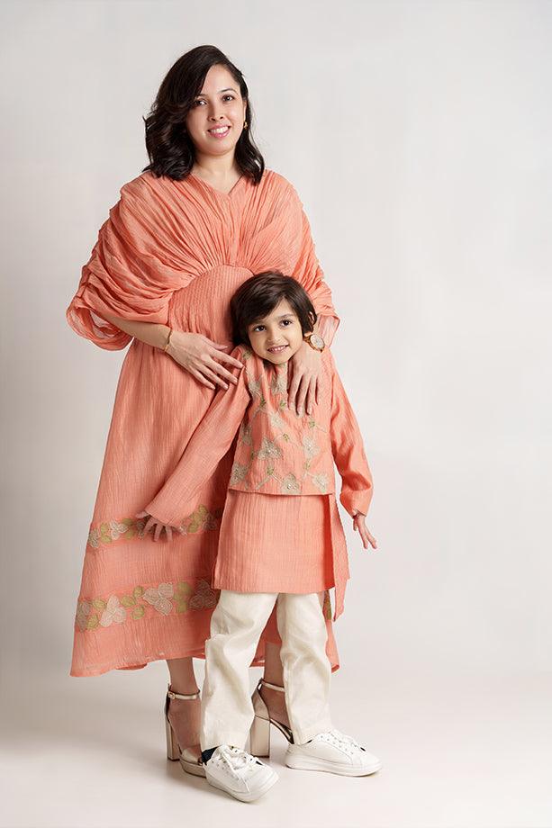 Little Muffin- Peach Chanderi Silk Hand Embroidered Asymmetrical Kurta & White Pants Set for Boys - Totdot
