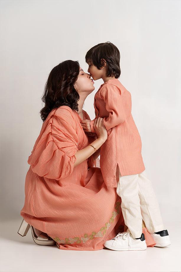 Little Muffin- Peach Chanderi Silk Hand Embroidered Asymmetrical Kurta & White Pants Set for Boys - Totdot