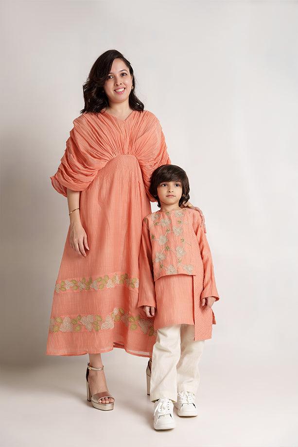 Little Muffin- Peach Chanderi Silk Hand Embroidered Asymmetrical Kurta & White Pants Set for Boys - Totdot