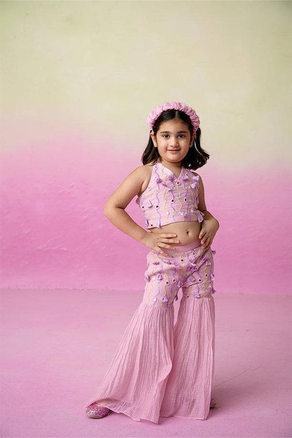 Petal Pink- Orchid Pink Hand Embroidered Crop-Top Sharara set for Girls - Totdot