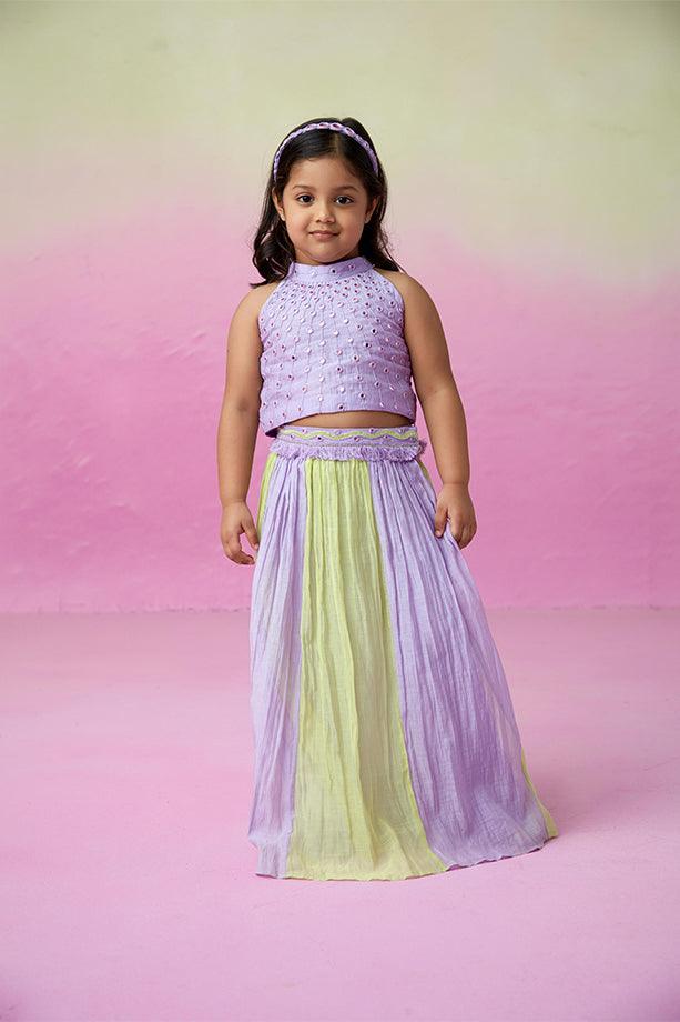 Rainbow Dream- Digital Lavender Lime Hand Embroidered Skirt Top set for  Girls