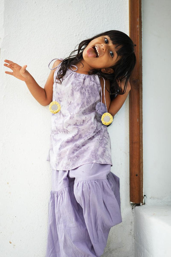 Set of 2 - ‘Ethereal’ natural dyed sharara pants and kurta set with handmade sling bag in lilac tie dye - Totdot