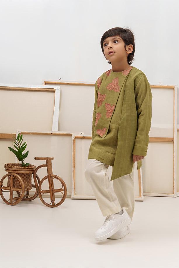 Space Unicorn- Green Chanderi Silk Hand Embroidered Asymmetrical Kurta & White Pants Set for Boys - Totdot