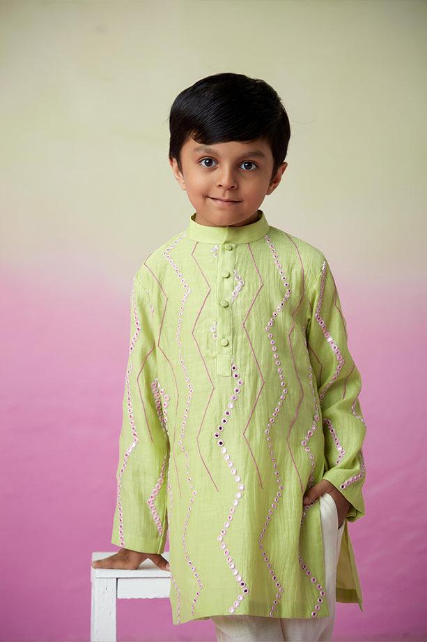 Sunny Daydream- Lime Hand Embroidered Kurta & Pants Set for Boys - Totdot
