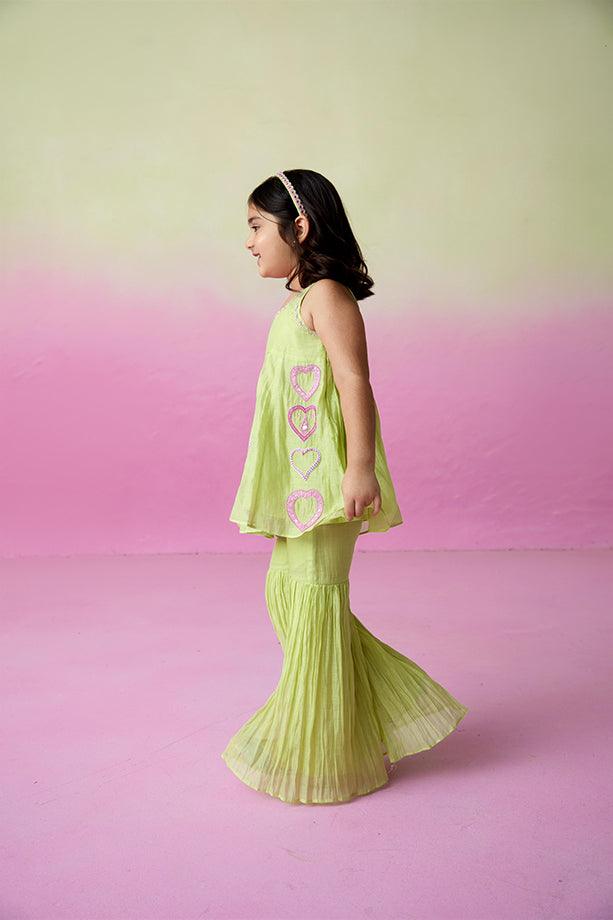 Sweet Pea- Lime Hand Embroidered Kurta Sharara Set for Girls - Totdot