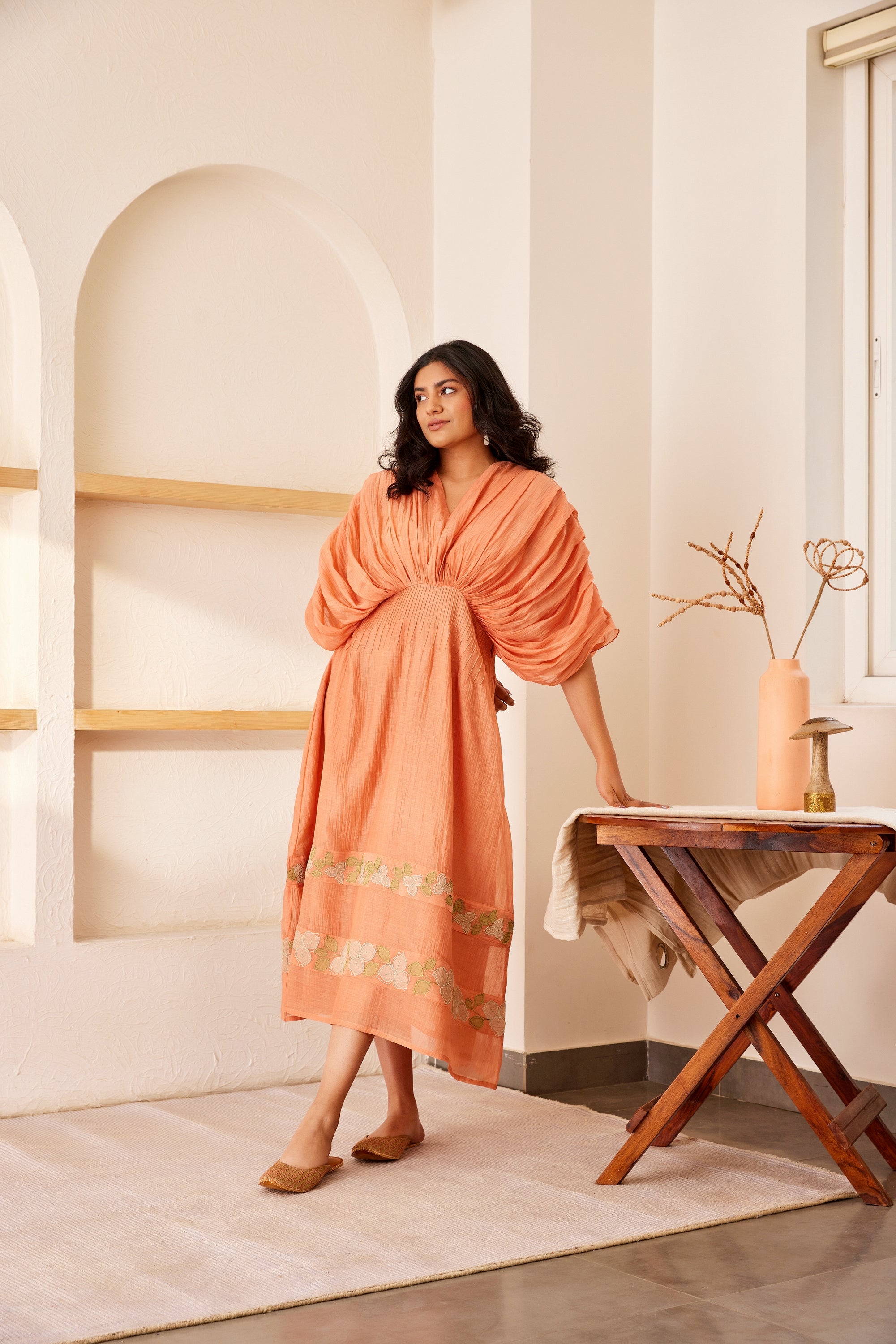 Josie Dress - Peach chanderi silk hand embroidered pleated dress