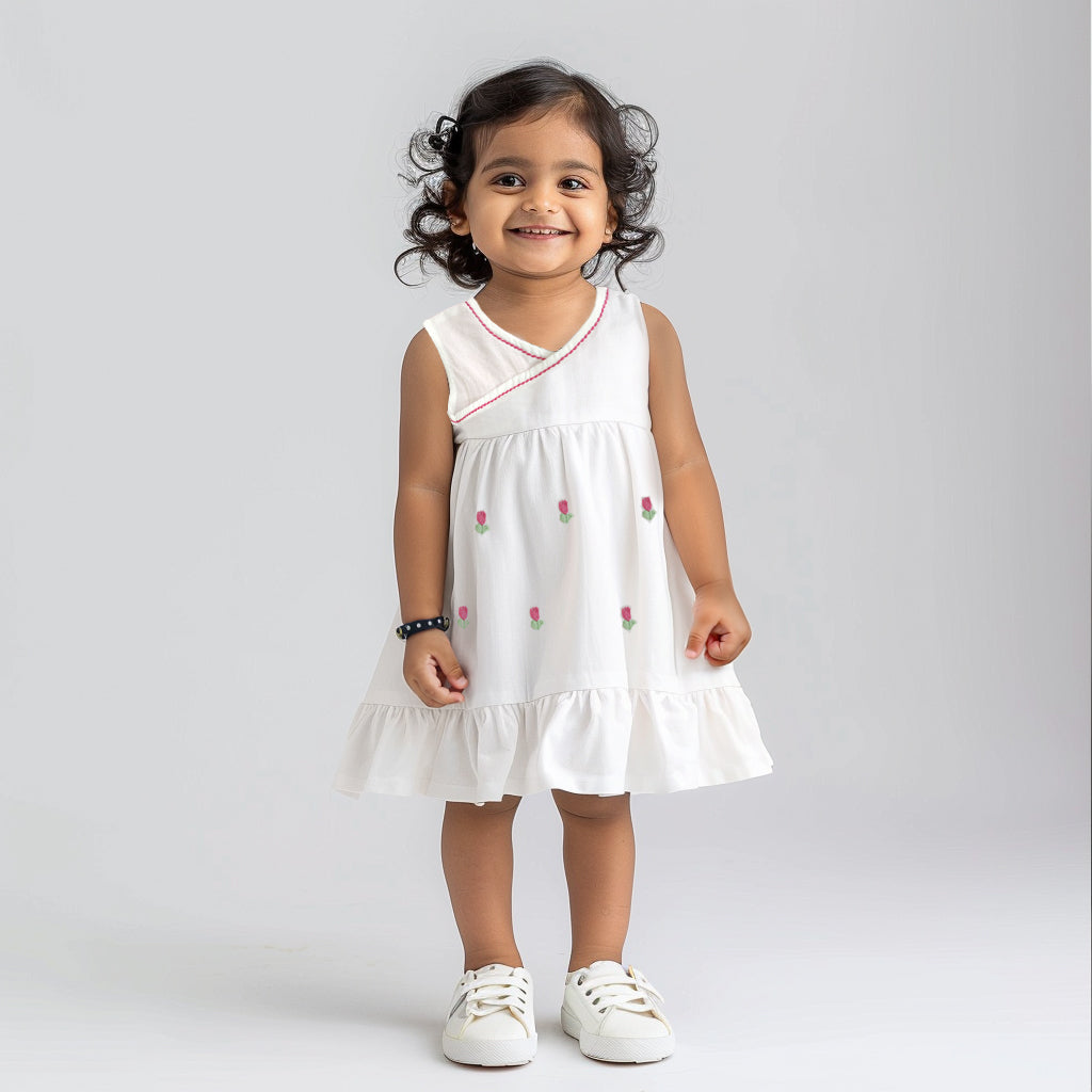 Hand-Embroidered White Dress - Tulips