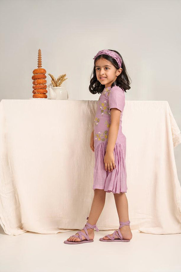 Twinkle Twinkle- Lavender Chanderi Silk Hand Embroidered Dress - Totdot