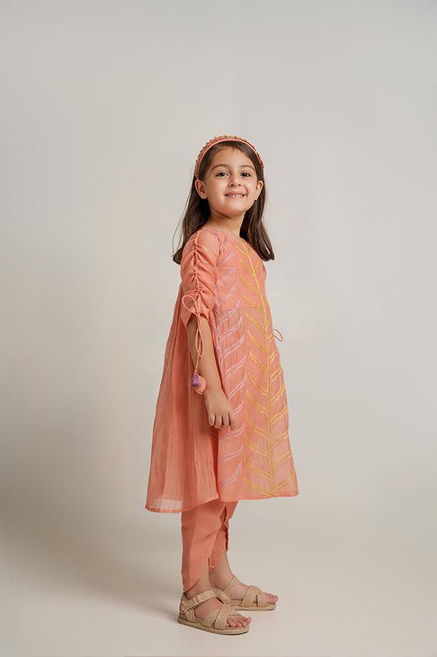 Yankee Doodle- Peach Chanderi Silk Hand Embroidered Flared Top & Tulip Pants Set for Girls - Totdot