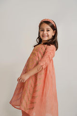 Yankee Doodle- Peach Chanderi Silk Hand Embroidered Flared Top & Tulip Pants Set for Girls - Totdot