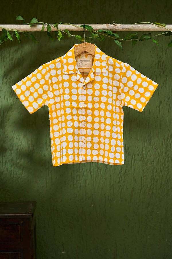 Boogie’ kids half sleeve shirt in yellow polka hand block print cotton - Totdot
