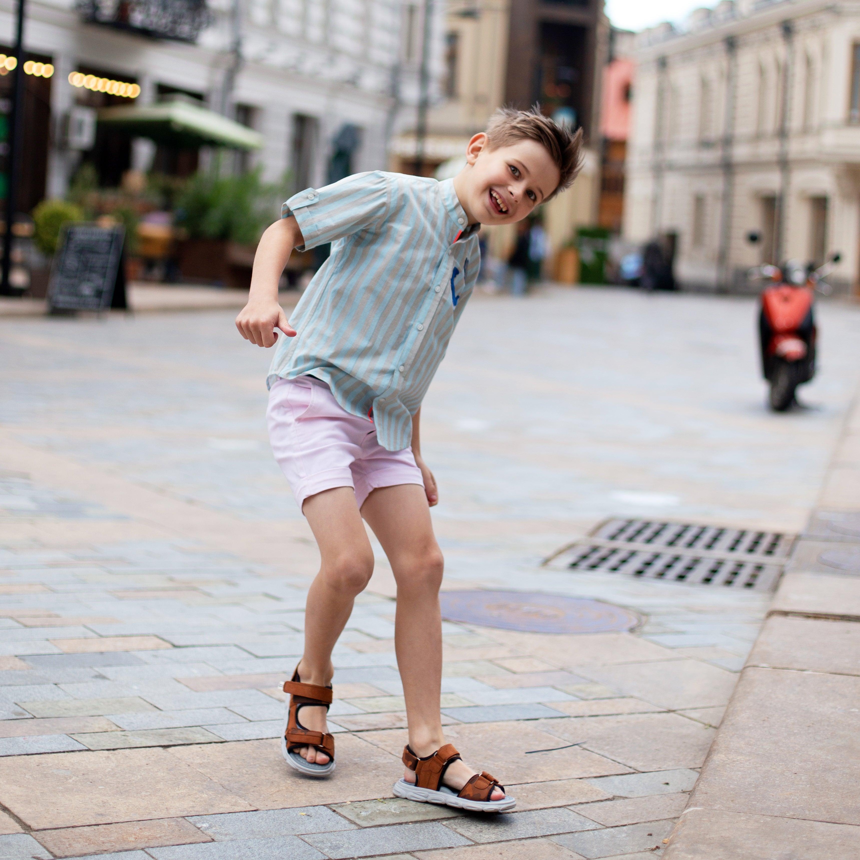 Classique- Blue & Grey Striped Shirt with Mandarin Collar for Boys - Totdot