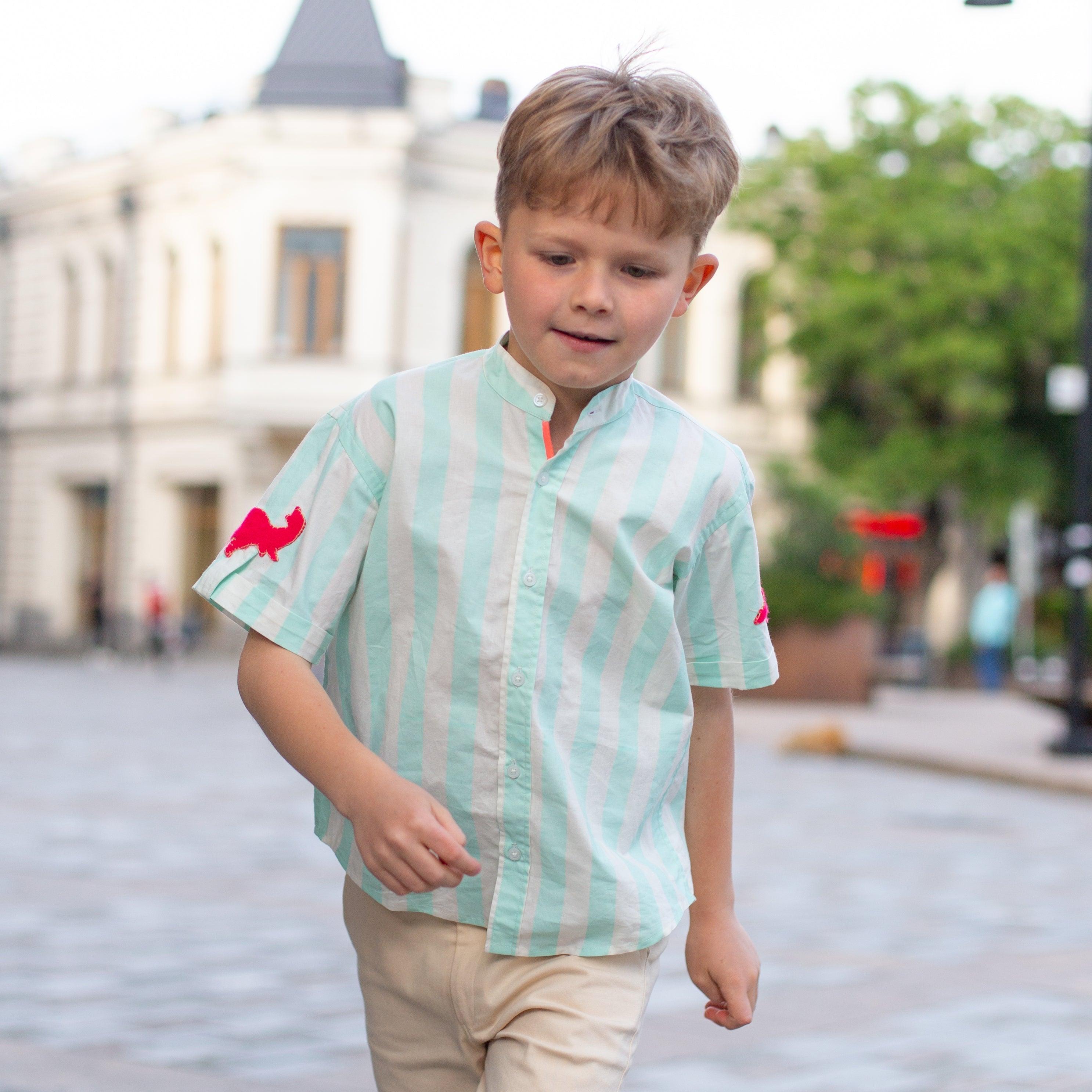 Classique- Mint Green Striped Shirt with Mandarin Collar for Boys - Totdot