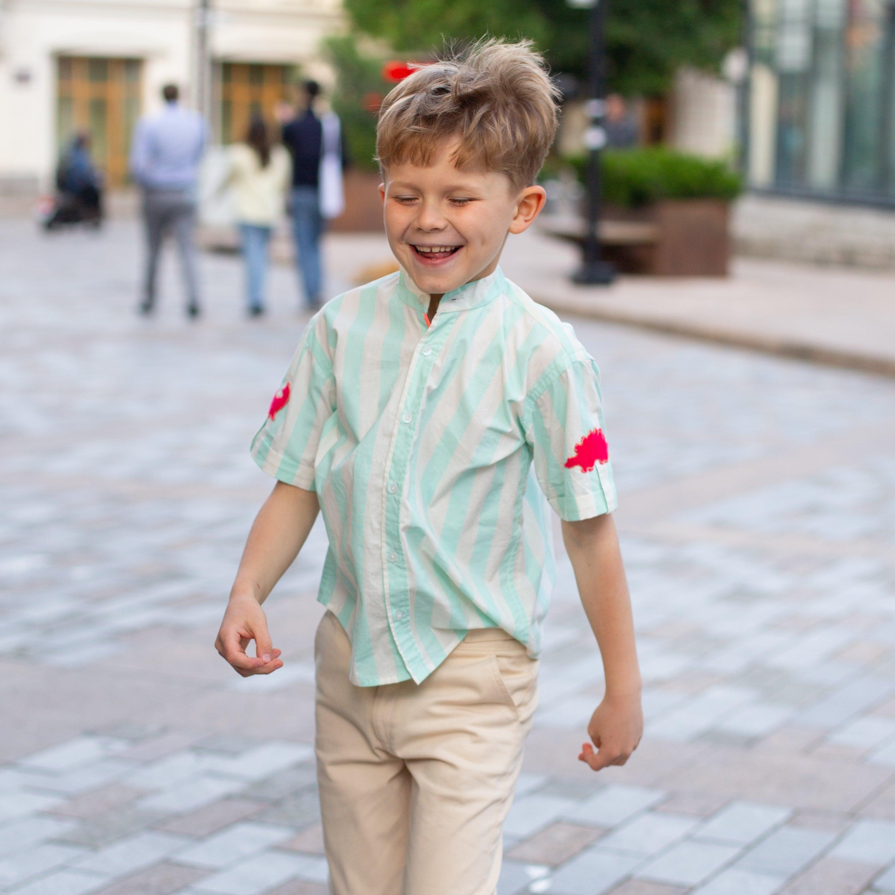 Classique- Mint Green Striped Shirt with Mandarin Collar for Boys - Totdot