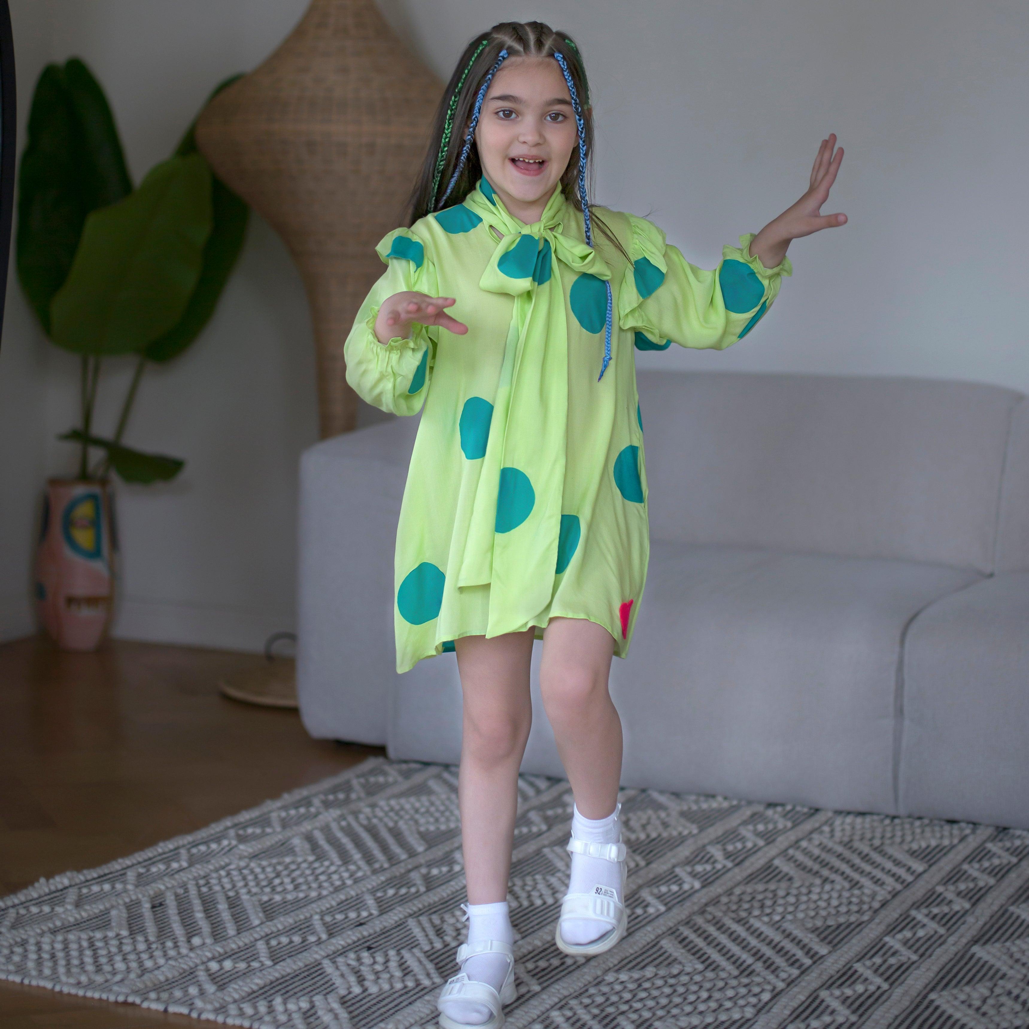 Fairytale- Lime Green Dress with Polka Dots for Girls - Totdot